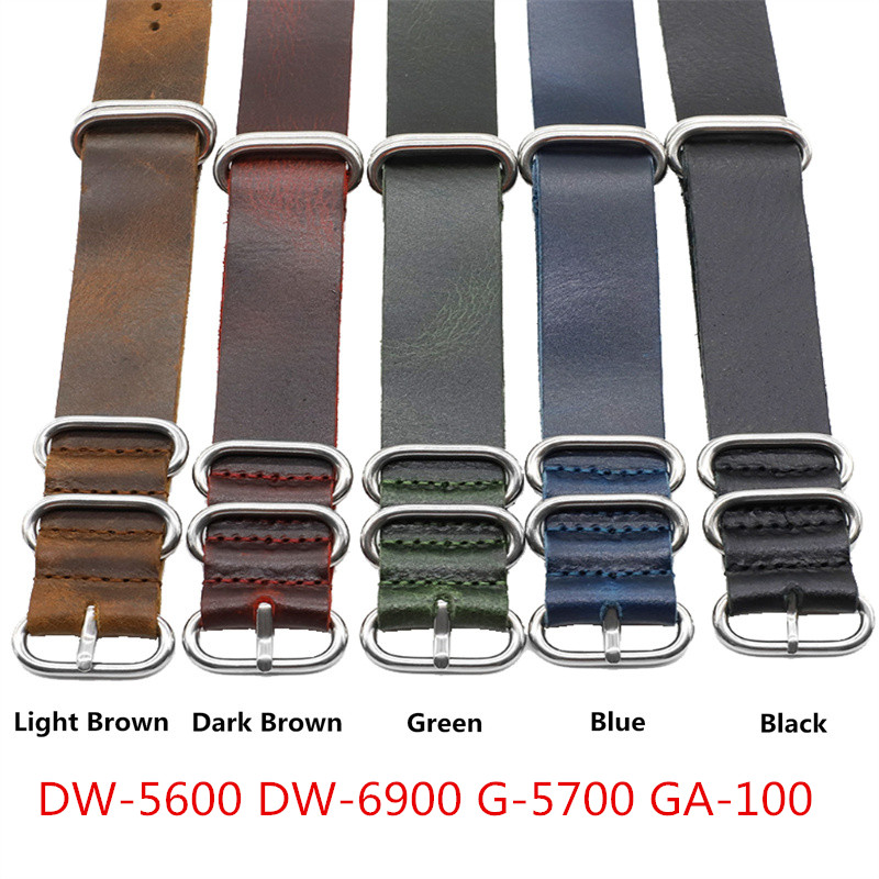 24mm Crazy Horse Oiled Leather One-Piece Military Watch Strap Metal Adapters for Casio GShock MIL-Shock DW-5600 DW-6900 G-5700 GA-100 GDF-100 GL-7200 GLS-5600 Series